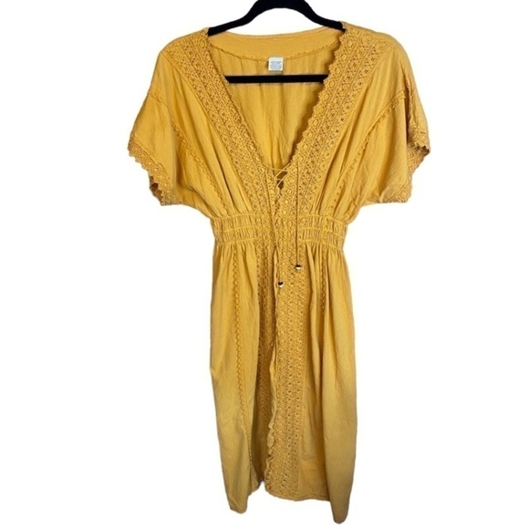 Dresses & Skirts - Bohemian Mustard Yellow Midi Embroidered Short Sleeve Dress Size XS